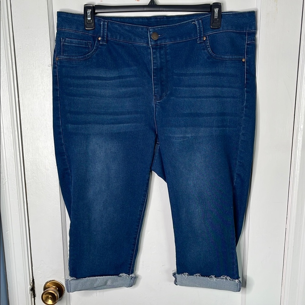 Workshop 20W Blue Ankle Cropped Capri Jeans Cut Offs Raw Hem Stretch Comfort